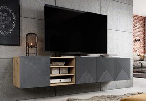 Asha függesztett TV szekrény 200 cm riflázott frontokkal, nyitott fülkével – artisan tölgy / rivier stone matt