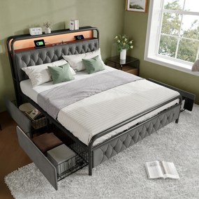 Kárpitozott kétszemélyes ágy USB-ről tölthető LED140×200 4 fiókos matrac