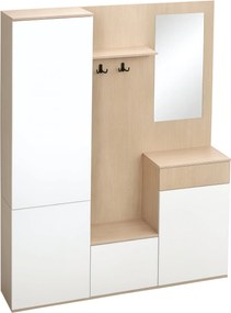 HOMCOM 4 az 1-ben Bejárati Kabátállvány Tükörrel, Akasztókkal és Állítható Polcokkal, Többfunkciós Bejárati Bútor Fiókkal, 145x29x184 cm, Természetes