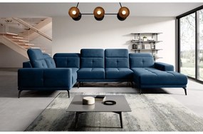 Sötétkék bársony sarokkanapé (bal oldali-U alakú) Neviro – ELTAP