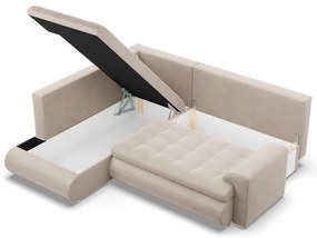 Tokio sarokkanapé, L alakú háttámlával, 2 ágyneműtartóval, bársony, baloldali, bézs