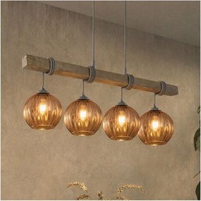 BRILAGI - Kábeles csillár WOOD GLASS 4xE27/60W/230V fenyő/szürke/füstös barna
