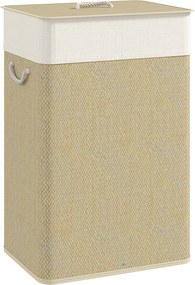 HOMCOM 72L-es Kosár Lidővel Bambusz Szennyes Kosár Kivehető Belső Táskával és Fogantyúkkal 40x30x60 cm Természetes | Aosom
