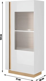 Vitrines szekrény 72, fehér/tölgy grandson/magasfényű fehér, CITY