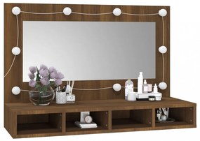 barna tölgy színű tükrös szekrény LED-ekkel 90 x 31,5 x 62 cm
