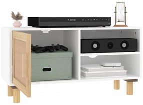 fehér tömör fenyő és természetes rattan TV-szekrény 80x30x40 cm