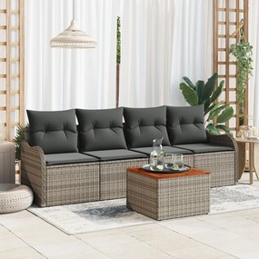 5 részes kerti bútor szett párnákkal Szürke Poli Rattan Akác, 2 személyes kerti kanapé tárolóval és párnákkal Szürke Poli Rattan