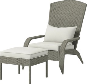 Outsunny Kerti Szék lábtartóval, Karfával és Párnákkal, Rattan és Acél Adirondack Szék, 64x82x89 cm, Szürke és Krémfehér | Aosom