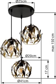 Globo 15759-3HR Függőlámpa, fekete matt fém, aranyszínű fém, fekete patinázott, tiszta akrilkristályok, fekete PVC kábel, ø: 410mm, M: 1500mm, 3x E27 40W 230V izzók nélkül