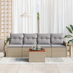 5 darabos kerti kanapé szett párnákkal, bézs poli rattan akáccal, 2 személyes kerti kanapé párnákkal, bézs poli rattan