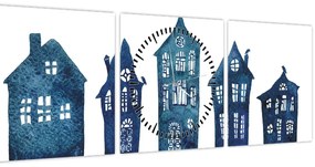Kép - Kék akvarell házak (órával) (90x30 cm)