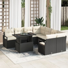 9 darabos Kerti Sofaszett Párnákkal Fekete Poli Rattan, 2 férőhelyes Kerti Sofa Tárolással & Párnákkal Fekete Poli Rattan