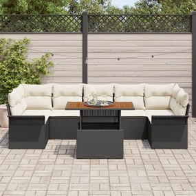 8 Részes Kerti Sofa Szett Párnákkal Fekete Poli Rattan, 2-Személyes Kerti Sofa Tárolóval &amp; Párnákkal Fekete Poli Rattan