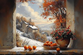 Vászonkép Canvas Ablak Terasz Kilátás Tél Táj Hegyek Házak 60x40