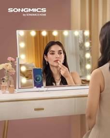 SONGMICS sminktükör világítással, 58 x 43 cm, kozmetikai tükör 15 LED izzóval, matt fehér