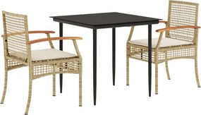 vidaXL 3 részes bézs polyrattan kerti étkezőgarnitúra párnákkal