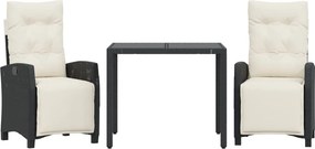 vidaXL 3 részes fekete polyrattan kerti étkezőgarnitúra párnákkal