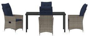 5 darabos kerti étkező garnitúra párnákkal szürke poli rattan, Kerti asztal fekete 160x80x73 cm edzett üveg