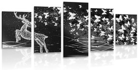 5 részes kép szarvas lepkékkel fekete fehérben
