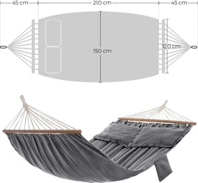 Kétszemélyes függőágy, kültéri hintaágy, szürke, 210 x 150 cm