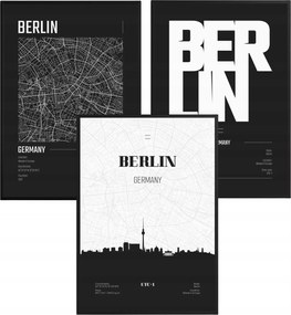 Poszter szett Berlin Németország Térkép Panoráma Fekete-Fehér Konyha 60x80cm