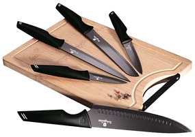 6-részes rozsdamentes acél konyhai kés készlet vágódeszkával BLACK 20470