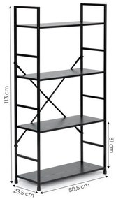 Fekete 4 szintes nyitott könyvespolc, tároló állvány fém lábakkal - 59x112cm Intenso