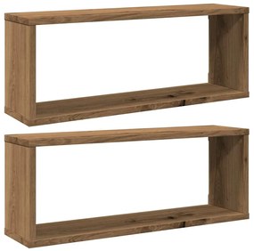 2 db kézműves tölgyszínű szerelt fa fali kockapolc 60x15x23 cm