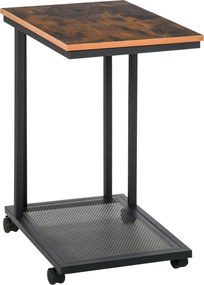 HOMCOM C-Formájú Oldalsó Asztal Görgős Kocsi Tálalóasztal Laptop Asztal Kávézóasztal Éjjeli Szekrény Fémkerettel Ipari Dizájn Fekete + Dió Mintázat 51