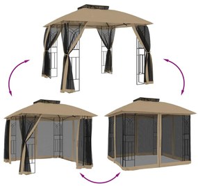 tópszínű acél dupla tetős pavilon hálós falakkal 2,94 x 2,94 m