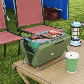 Outsunny Hordozható faszenes grill, mini faszenes grill, összecsukható, faszenes tálcával és hamutartóval, fém ház, zöld