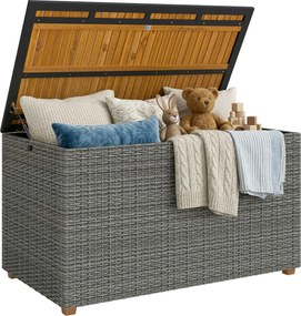 Outsunny 2 az 1-ben rattan kerti tárolódoboz, 450 l – vízálló párnatároló akácfa fedéllel, gázrugóval, bélelt belsővel, UV- és időjárásálló, sötétszür