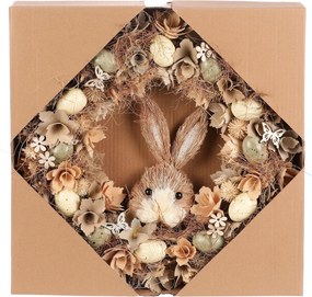 Húsvéti koszorú Barna nyuszi virágokkal éstojásokkal, átmérő 45 cm, 45 x 45 x 9 cm