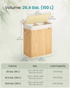 Fedeles bambusz mosókosár, 100 L, 2 rekeszes, hajtogatható bélészsákkal