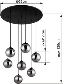 Globo 56133-7H Függeszték fém fekete matt, füstszínű üveg gömbök, fekete PVC kábel, magassága rövidíthető, ø: 550mm, M: 1200mm, tartozék: 7x G9 LED 3.5W 230V, 350lm forrás, 130lm kimenet, 3000K