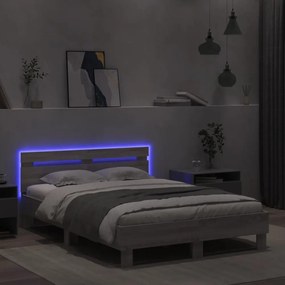 szürke sonoma színű ágykeret fejtámlával és LED-del 120x190 cm