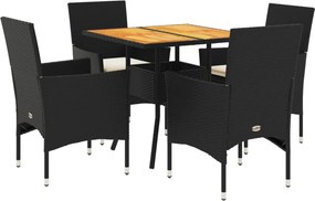 vidaXL 5részes fekete polyrattan/akácfa kerti étkezőgarnitúra párnákkal