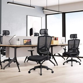 Ergonomikus irodai szék deréktámasszal, állítható fejtámlával és kartámasszal, fekete