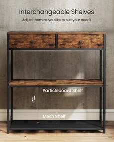 Keskeny konzolasztal 2 fiókkal, 3 szintes, rusztikus barna és fekete színben