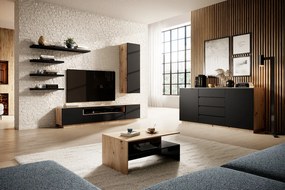 Loftia RTV szekrény 200 cm, kétszárnyú nyitott polccal - artisan tölgy / fekete matt