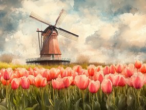Vászonkép Canvas Tájkép Hollandia Tulipánok Szélmalom 100x75