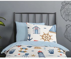 Kék-krémszínű pamut gyerek ágyneműhuzat babaágyhoz 100x135 cm Ahoy – Good Morning