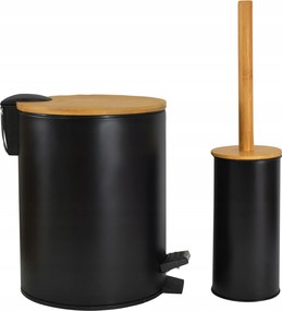 Szett Fekete Szemetes Kosár 5L Wc Kefe Bambusz Fürdőszoba