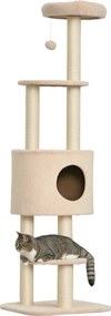 PawHut Macska Kaparófa 148 cm Magas Macska Torony Szizál Posztokkal, 3 Platformmal, Házikóval és Függő Játékszerei | Aosom