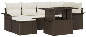 7 részes kerti kanapé szett párnákkal, barna poli rattan, 2 személyes kerti kanapé tárolóval és párnákkal, barna poli rattan