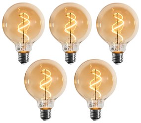 Set van 5 E27 dimbare LED lamp spiraal filament G95 goud 4W 270 lm 2100K