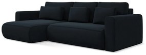 Sötétkék bársony kinyitható-tárolóhelyes sarokkanapé (bal oldali-heverő résszel) Kapua – Makamii