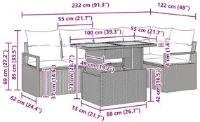 6 Részes Kert Szófa Szett Párnákkal Szürke Poli Rattan Akác, 2 Személyes Kert Szófa Párnákkal Szürke Poli Rattan