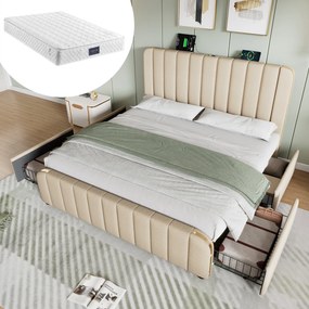 Dupla ágy kárpitozott Usb Type-C töltéssel 160x200cm bézs+matrac