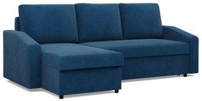 Zeus sarokkanapé, 1 ágyneműtartóval, döntött kartámasz, kordbársony, univerzális oldal, hab töltet, kék